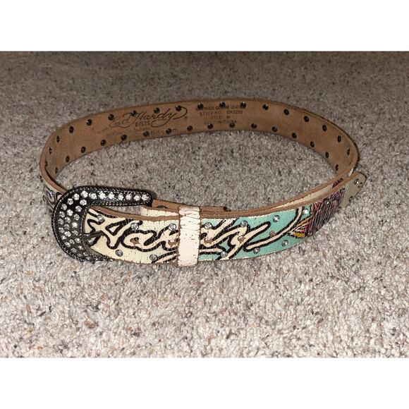 ED HARDY Belt White Distressed Medium Vintage Y2K Rhinestones - Picture 1 of 11